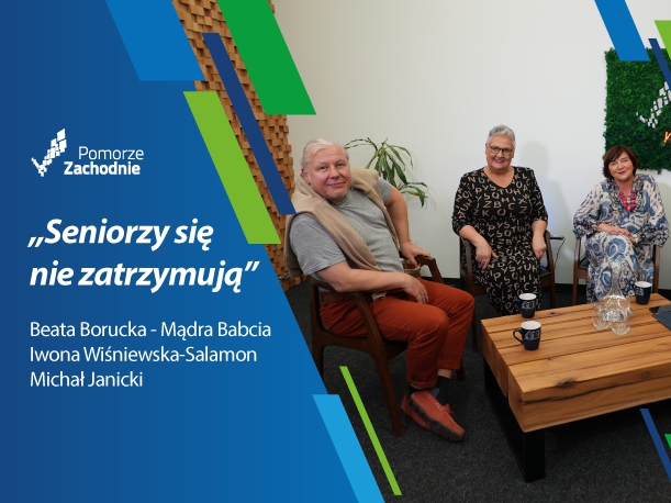 plakat z napisem "Młodośc przchodzi z wiekiem" oraz imiona i nazwiska gości w studiu - aktor Michał janicki, Beata Boorucka i Iwona Wiśniewska-Salamon; po prawej prowadząca Sandra Jędras