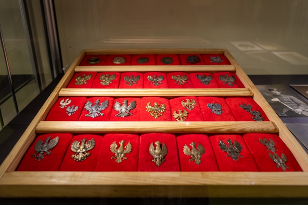 Eksponaty wystawy "Polskie orły", przypinki z wojskowych czapek i mundurów ułożone na czerwonym suknie i oświetlone w wystawowej ramie.